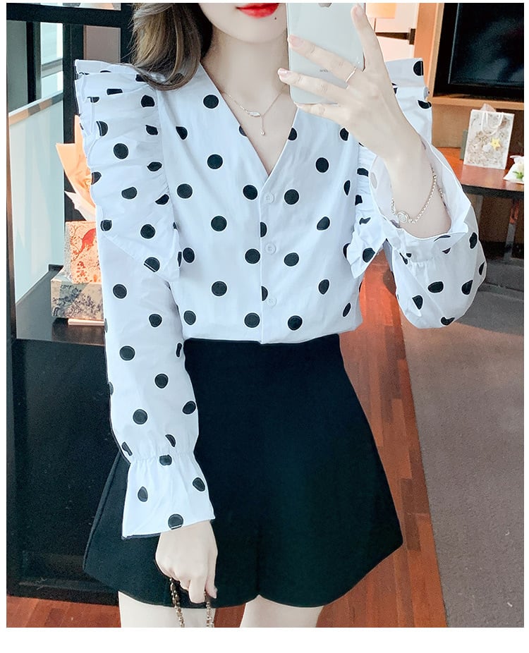 【tops】今季マストバイVネックドット柄シャツトップス　M17151
