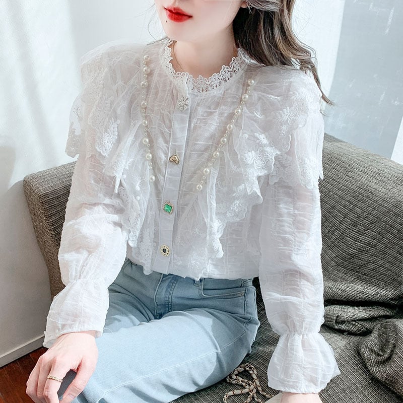 【tops】エレガントレース切り替えシャツトップス　M17378