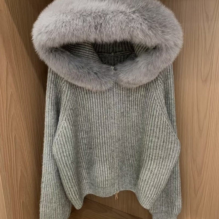 【outer】ファー付きニットカーディガン Q6996
