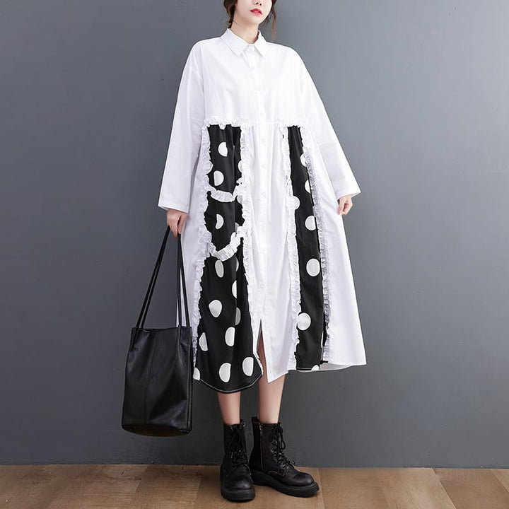 【dress】韓国系プリント切り替えシャツワンピースゆったり　M17448