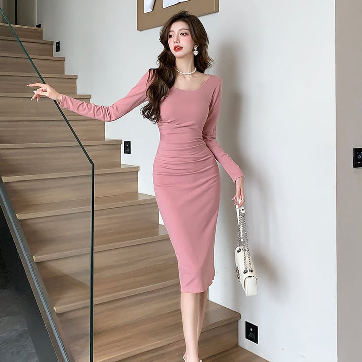 【dress】クルーネック無地ワンピース　M18183