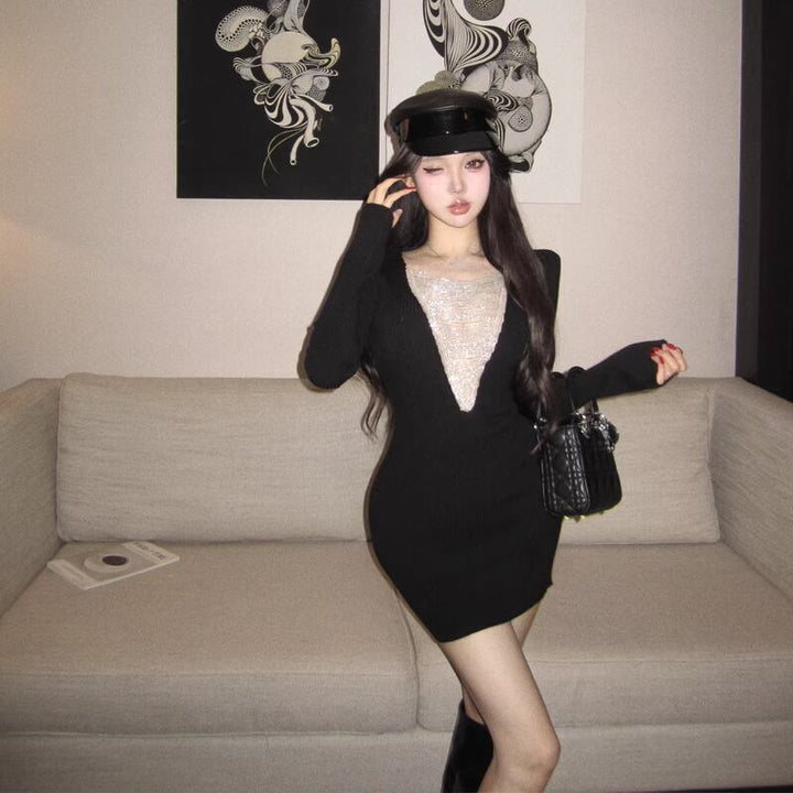【dress】チェンドッキングニットワンピース Q8138