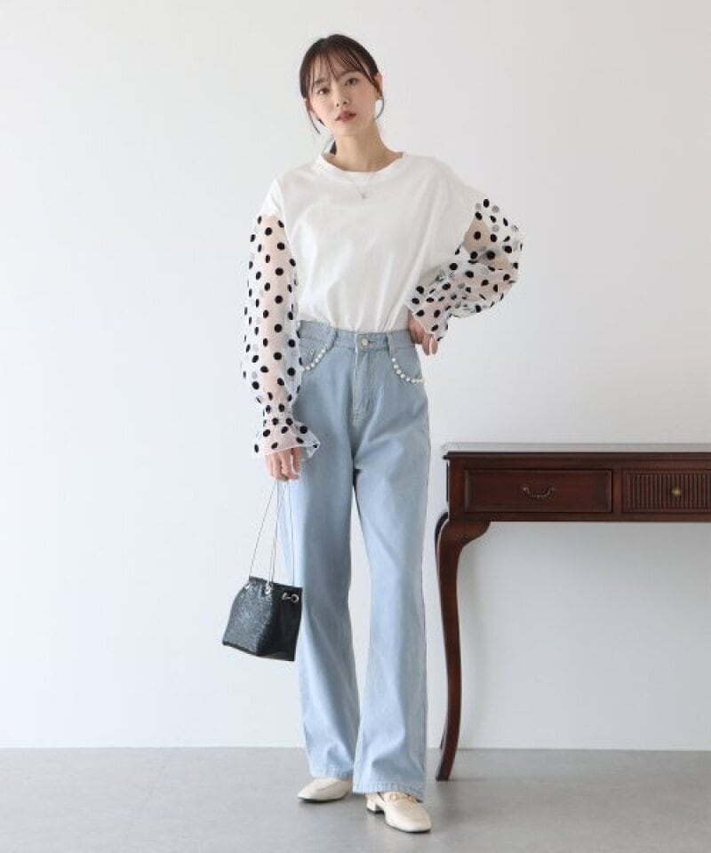 【tops】チュール切り替え長袖Tシャツ　M22604
