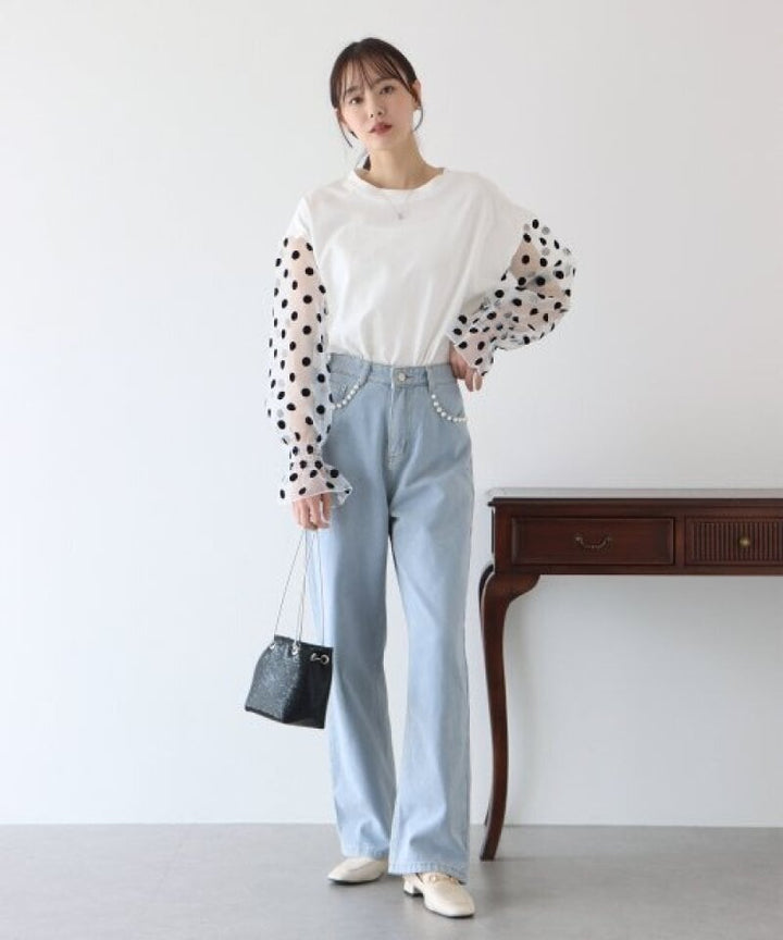 【tops】チュール切り替え長袖Tシャツ　M22604