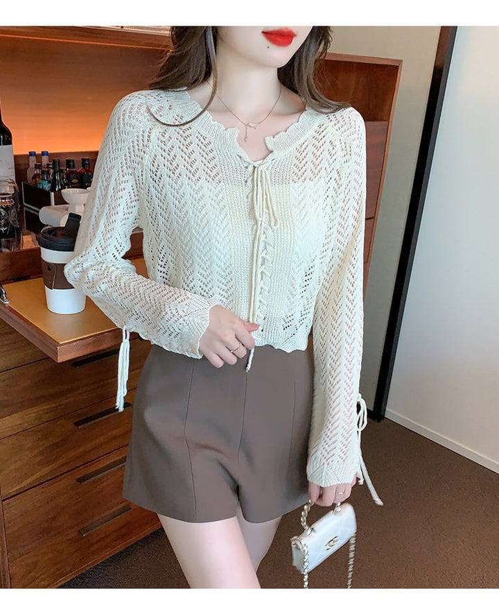 【tops】優しい雰囲気カットワークニットトップスゆったり　M17087