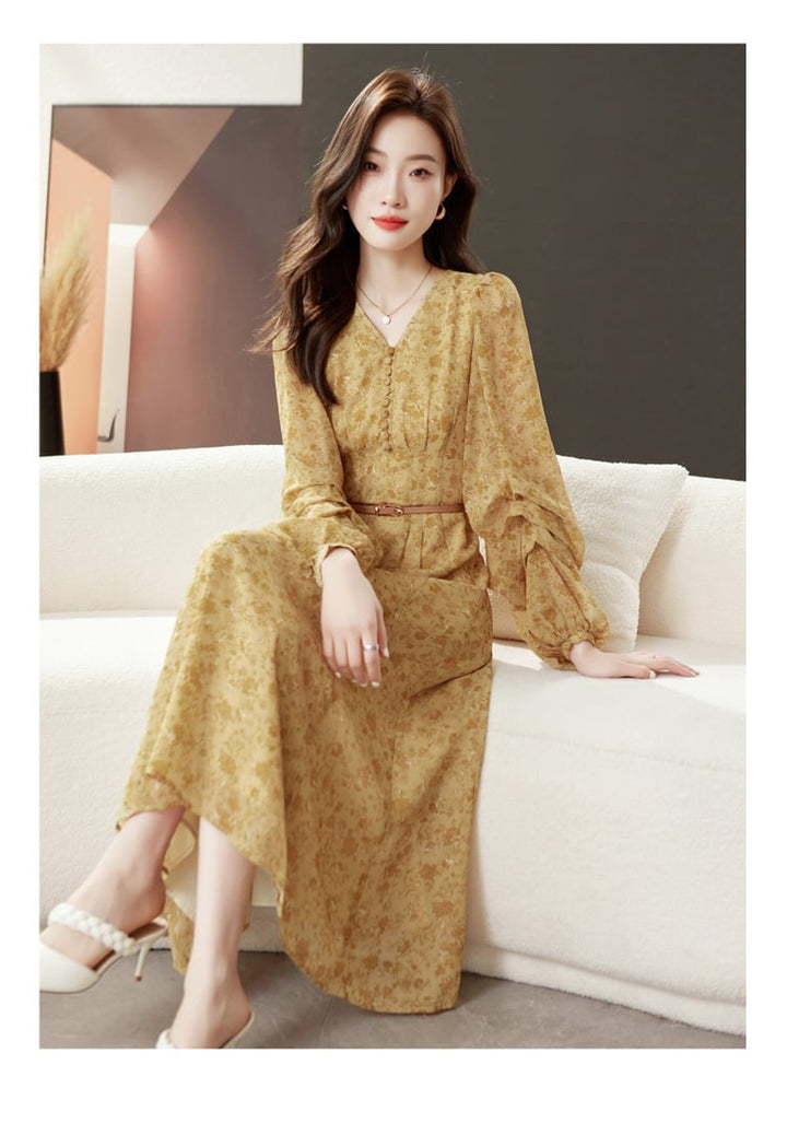 【dress】輝いて超人気 ! Vネック花柄ワンピースベルト付き　M17029
