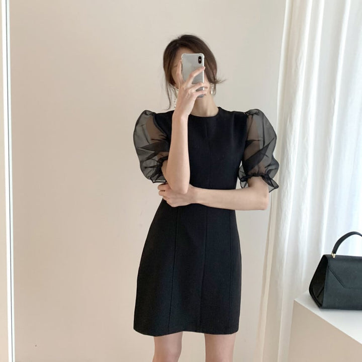 【dress】チュールスリーブ切り替えワンピース　M23986