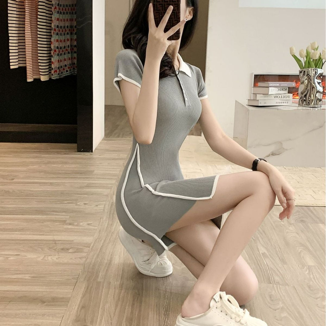 【dress】絶対流行POLOネックニットワンピース着瘦せ　M17396