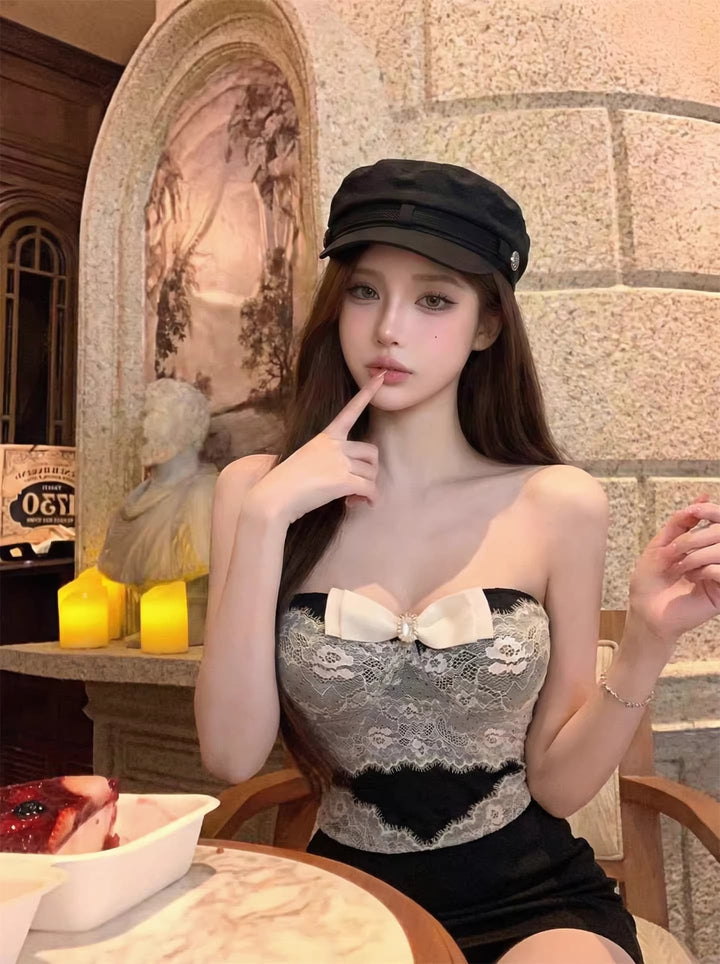 【tops】リボン付きレースドッキングチューブトップス Q8059