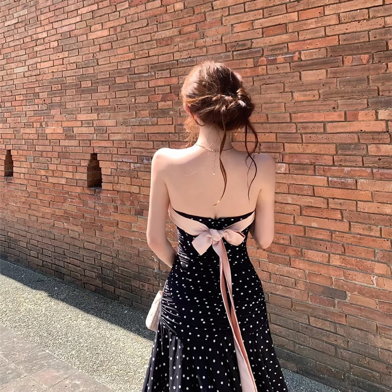 【dress】ドット柄リボン付きロングワンピース Q8374