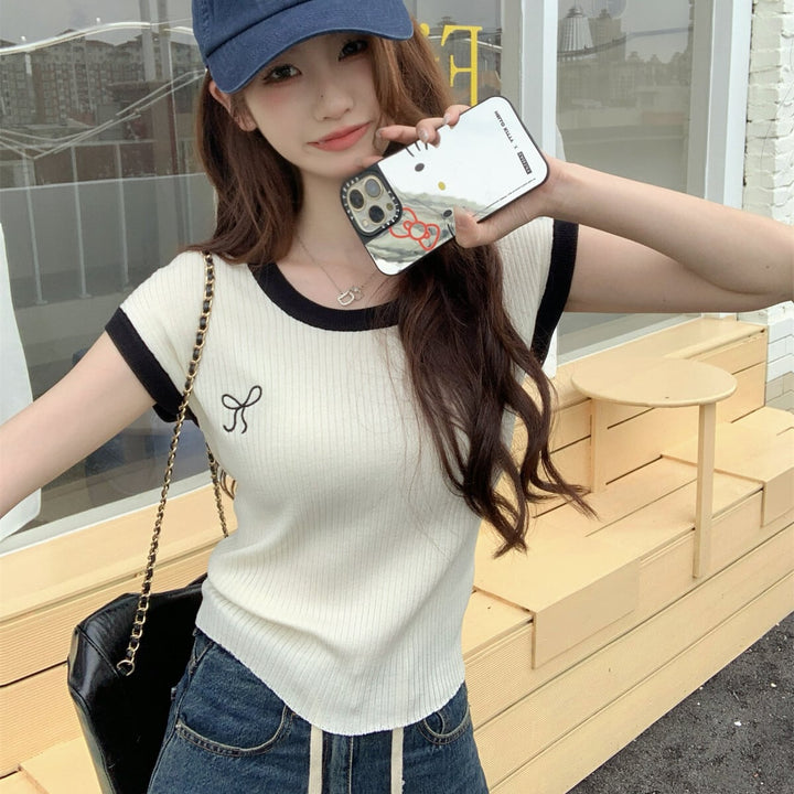 【tops】リボン刺繍ニットTシャツ　M25106