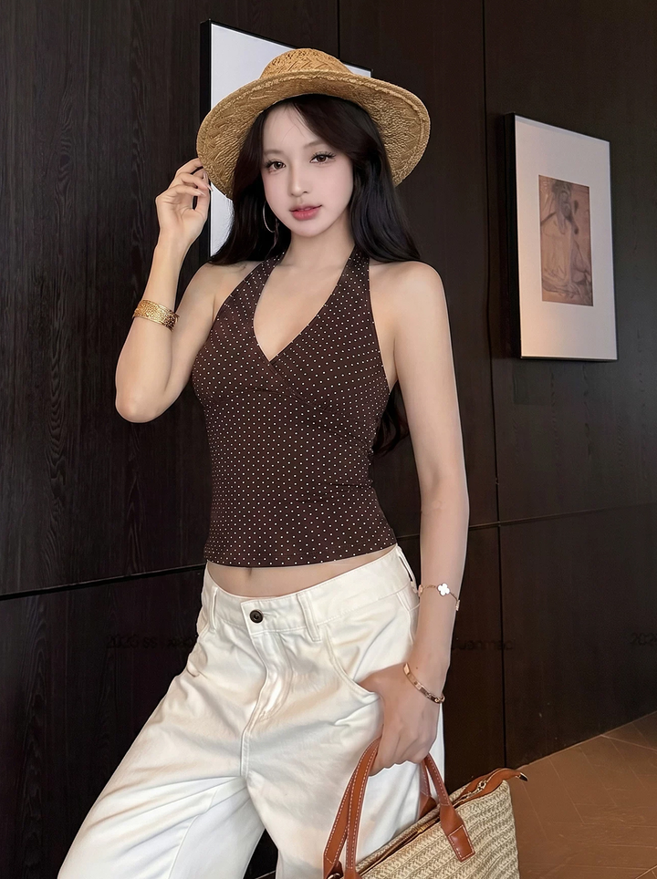 【tops】ドット柄ホルターネックトップス Q8642