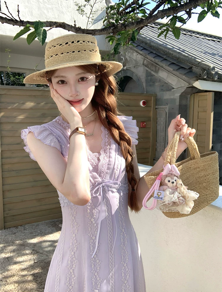 【dress】レースドッキングフラッタースリーブロングワンピース Q8531