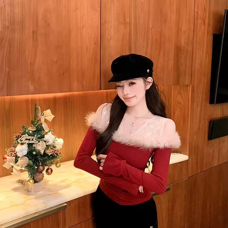 【tops】ファー付きフェイクレイヤードトップス Q7840