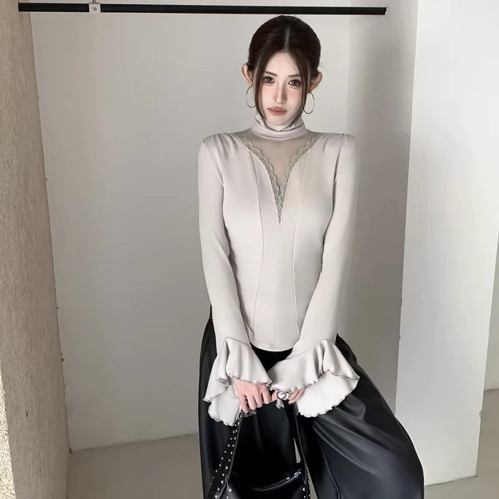 【tops】ハイネックチュールドッキングトップス Q8054