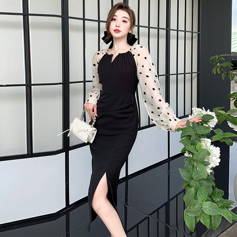【dress】ドット柄切り替えスリットワンピース　M17714