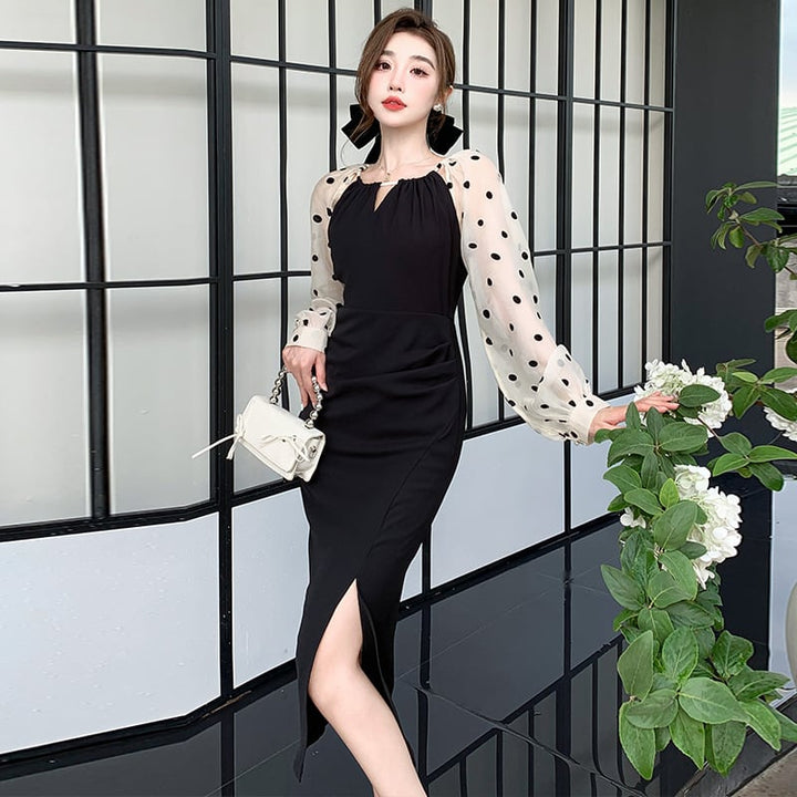 【dress】ドット柄切り替えスリットワンピース　M17714