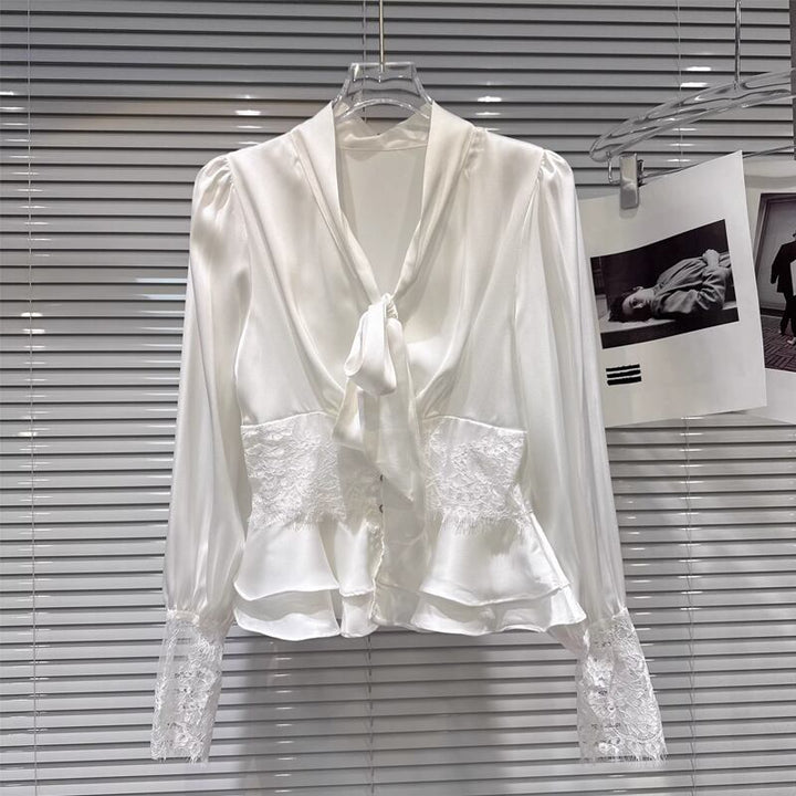 【tops】Vネックレースドッキングシャツ Q8103