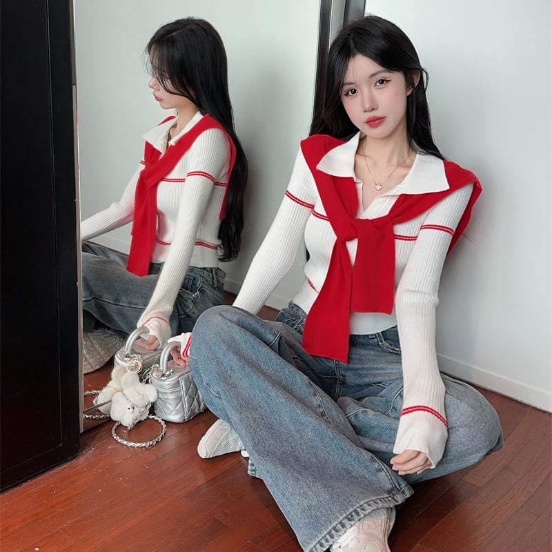 【tops】スカーフ付きニットトップス Q7112