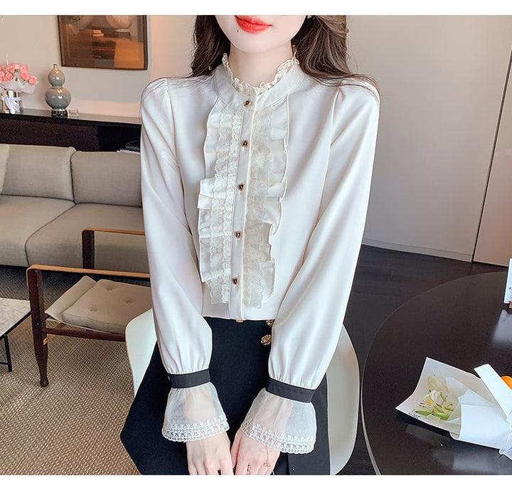 【tops】レース切り替えシャツトップス　M29092