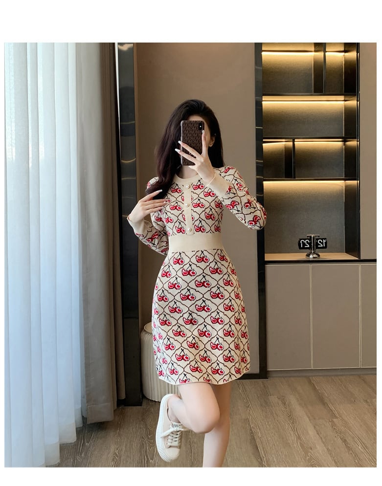 【dress】チェリー柄ニットワンピース　N2032