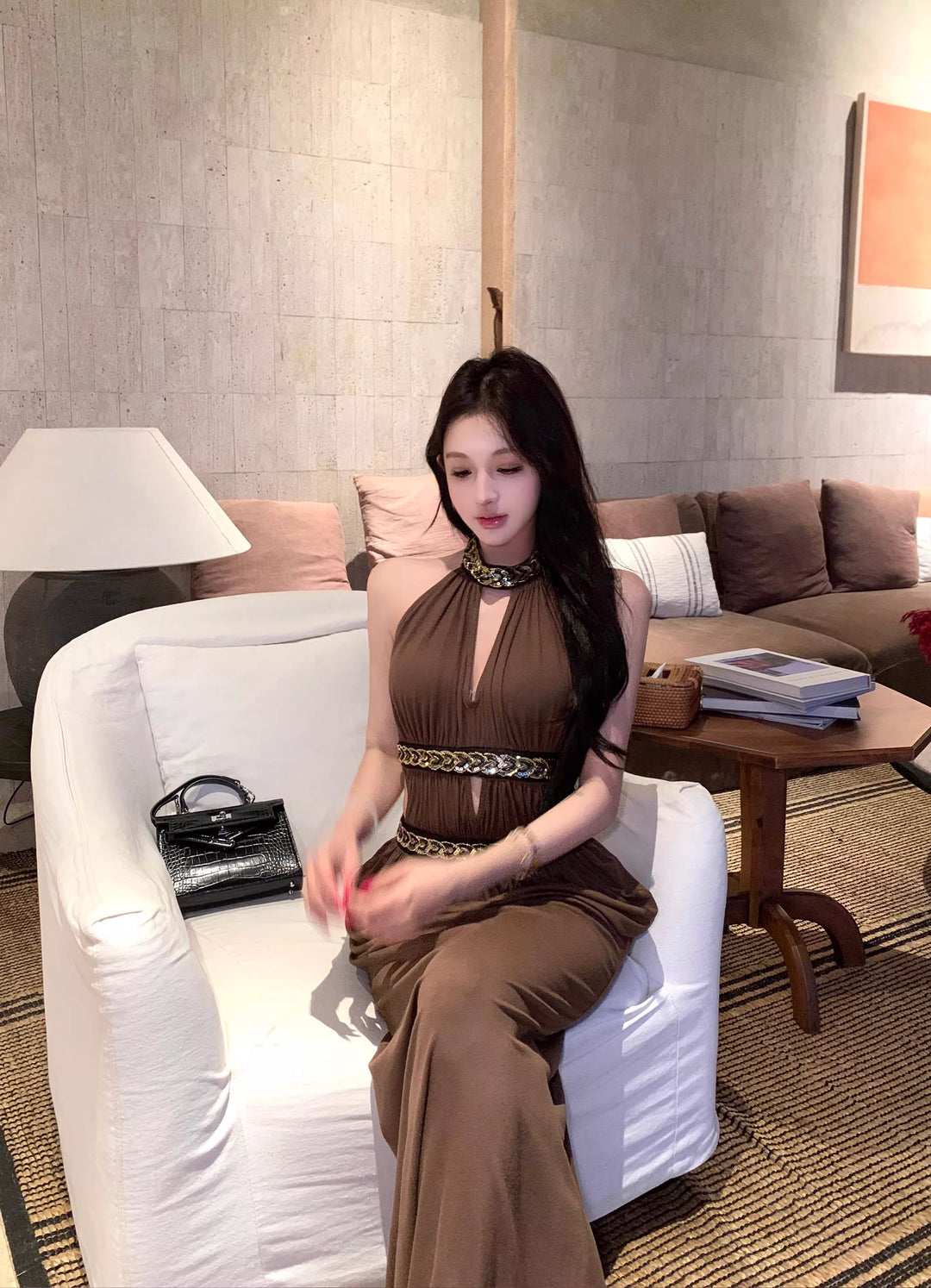 【dress】ホルターネックサイドカットロングワンピース Q8293