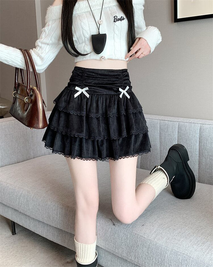 【bottoms】リボン付きレース切り替えスカート　M28257