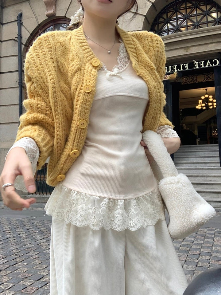 【set】ニットカーデ×レース切り替えトップスセット　M27663