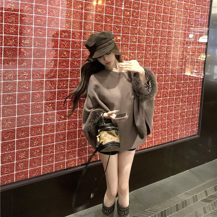 【tops】袖ファーオフショルダーニットトップス　M27715
