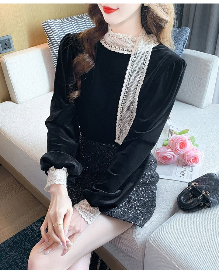 【tops】レース切り替えシャツトップス　M27569