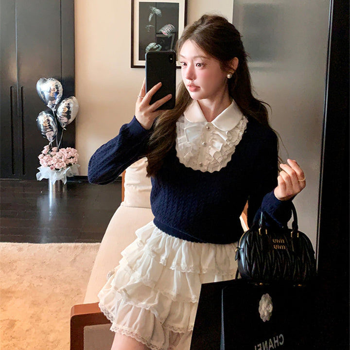 【tops】レースフリルドッキングニットトップス　N3362
