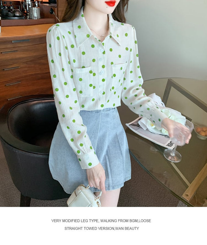 【tops】POLOネックドット柄シャツトップス　M17373