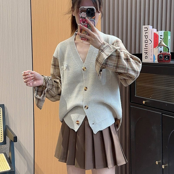 【outer】チェック柄ドッキングニットカーデ　M18045