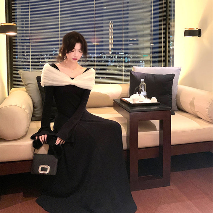 【dress】チュールドッキングニットワンピース　N3460