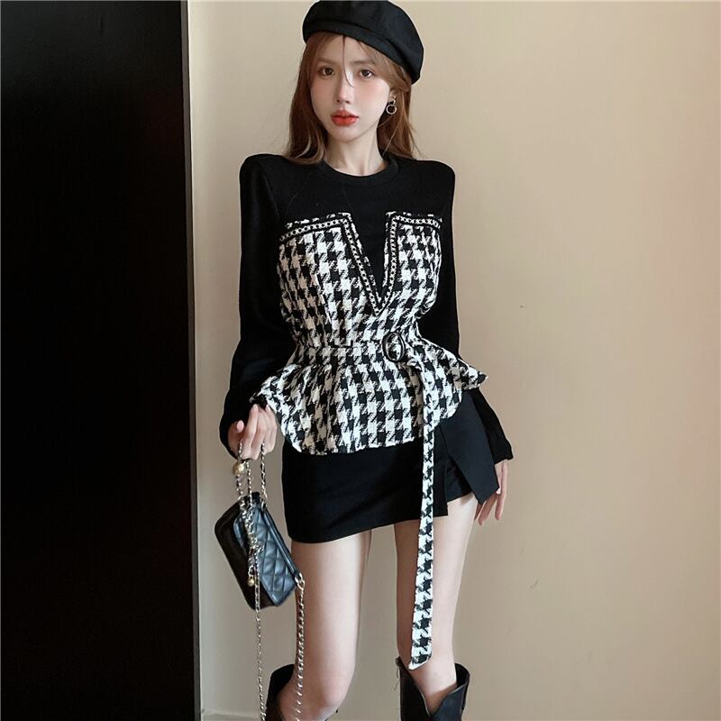 【tops】千鳥格子ドッキングトップス　M18354