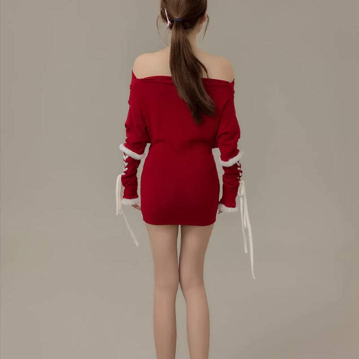 【dress】ファー付きオフショルダーニットワンピース Q7730