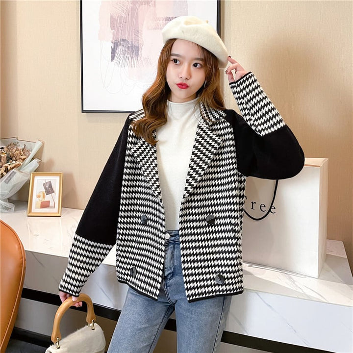 【outer】千鳥格子ドッキングニットコート　M18143
