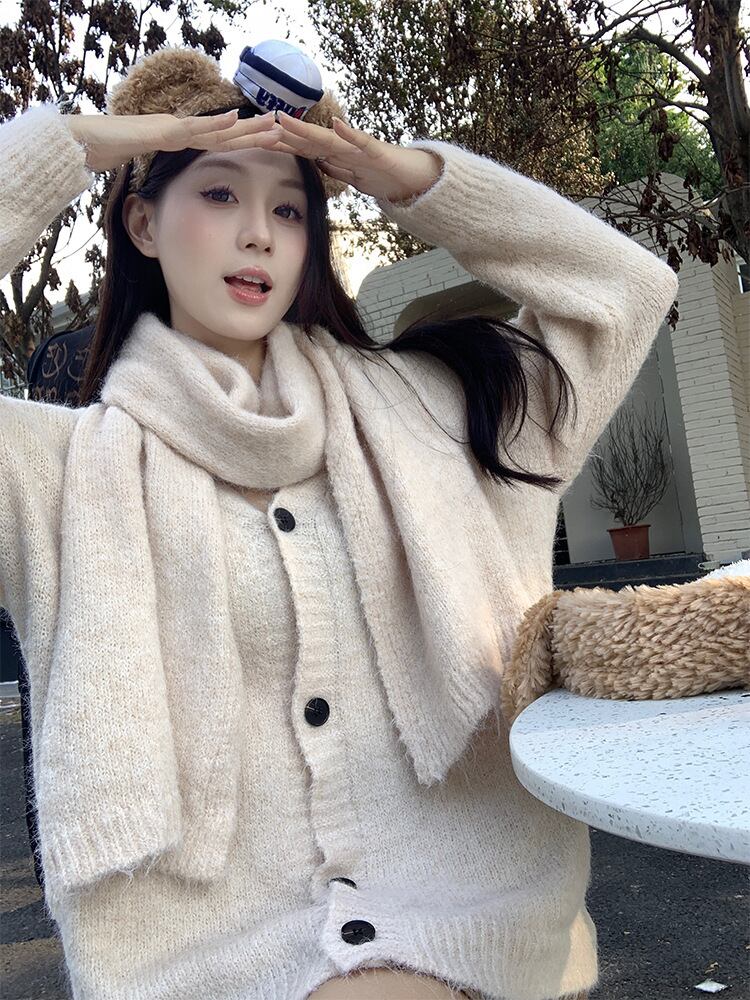 【outer】ニットカーデマフラー付き　M27338