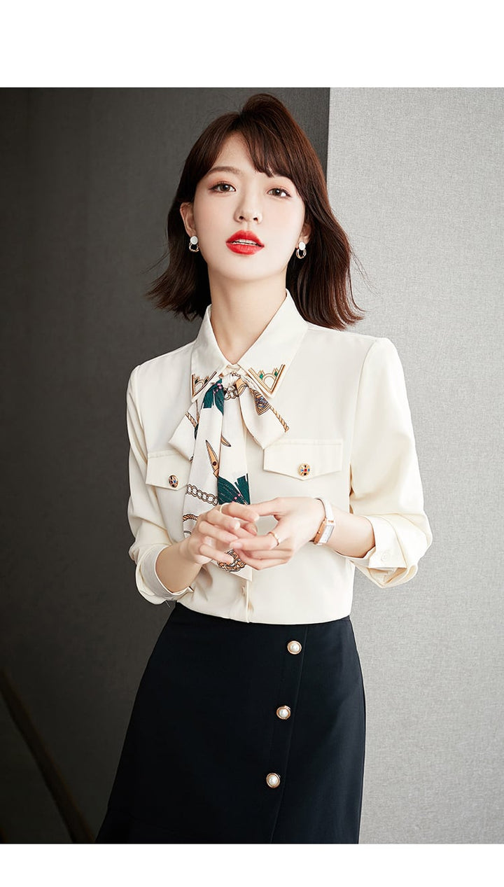 【tops】人気アイテム ! リボン付きプリントシャツトップス　M16842