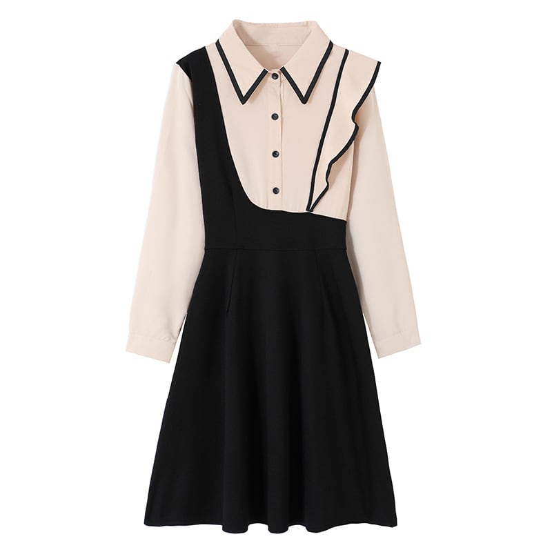 【dress】韓国系折り襟フリル切り替えデートワンピース　M17399