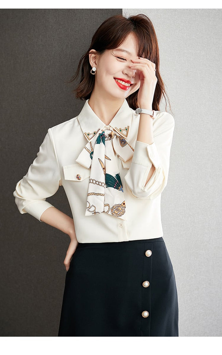 【tops】人気アイテム ! リボン付きプリントシャツトップス　M16842