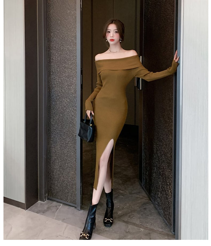 【dress】ボートネックスリットニットワンピース　M18085