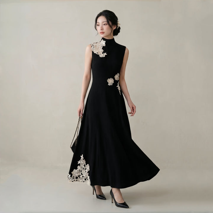 【dress】レースドッキングノースリーブニットワンピース Q8403