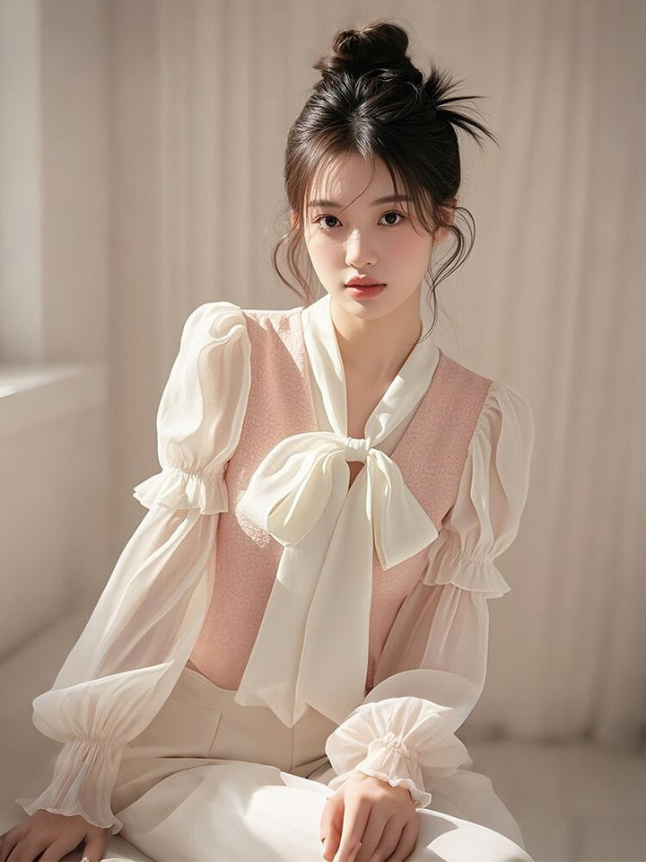 【tops】ドッキングリボン付きブラウス　M29598