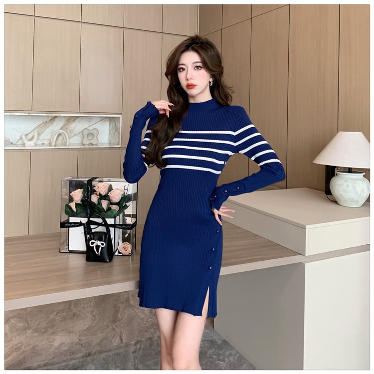 【dress】ボーダー柄スリットニットワンピース　M17966