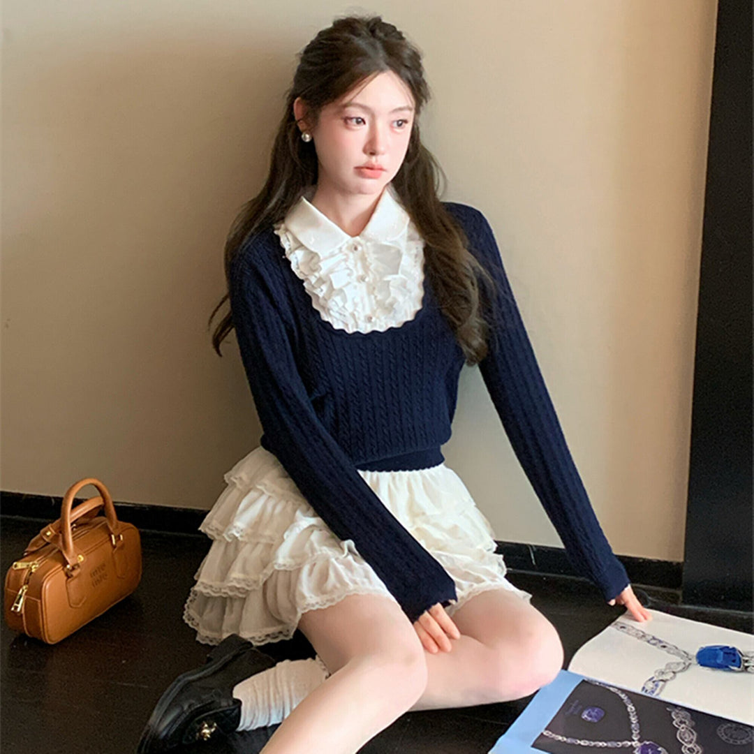 【tops】レースフリルドッキングニットトップス　N3362