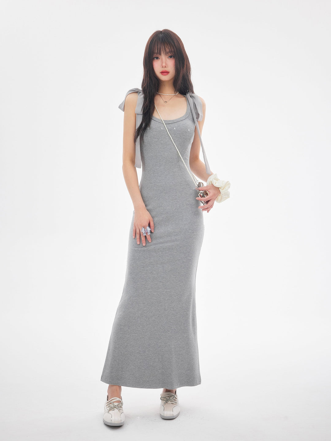 【dress】ショルダーリボンシェイプリブカットロングワンピース　N3520