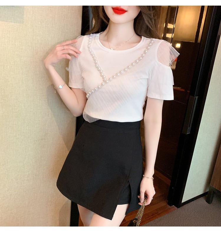 【tops】好感度UP 切り替えオフショルダーTシャツトップス　M16841