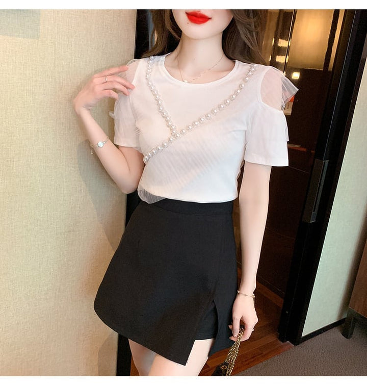 【tops】好感度UP 切り替えオフショルダーTシャツトップス　M16841