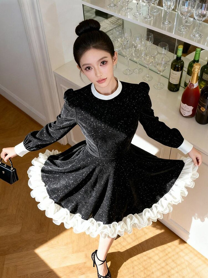 【dress】ギャザーフリルベルベットワンピース Q7573